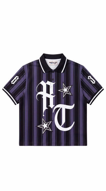 Purple and black striped athletic polo with varsity emblem for men by Ribaag