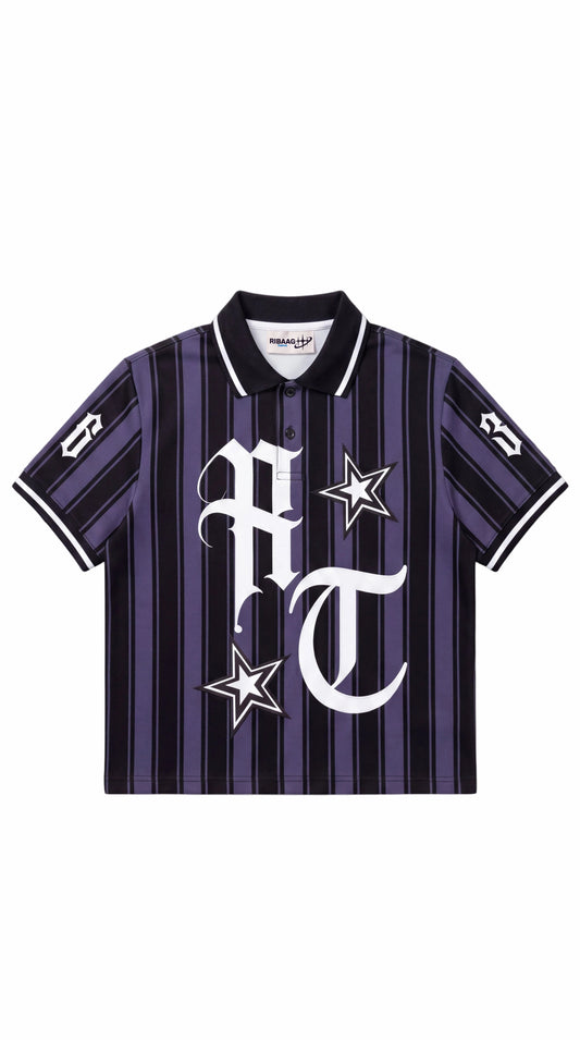 Purple and black striped athletic polo with varsity emblem for men by Ribaag