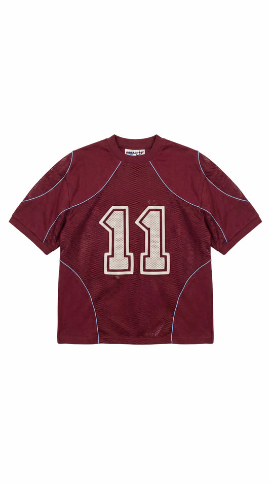 Maroon mesh numbered sports jersey with white piping for men by Ribaag