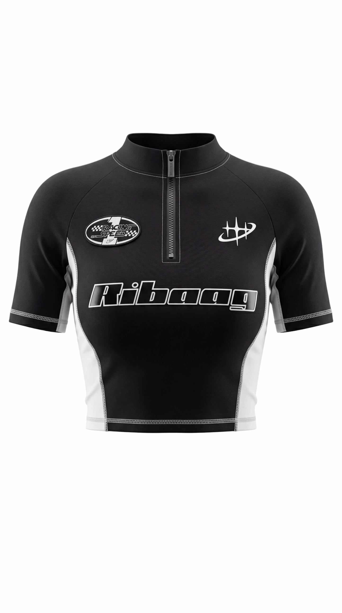Black racing-style zip crop top with piping for women by Ribaag