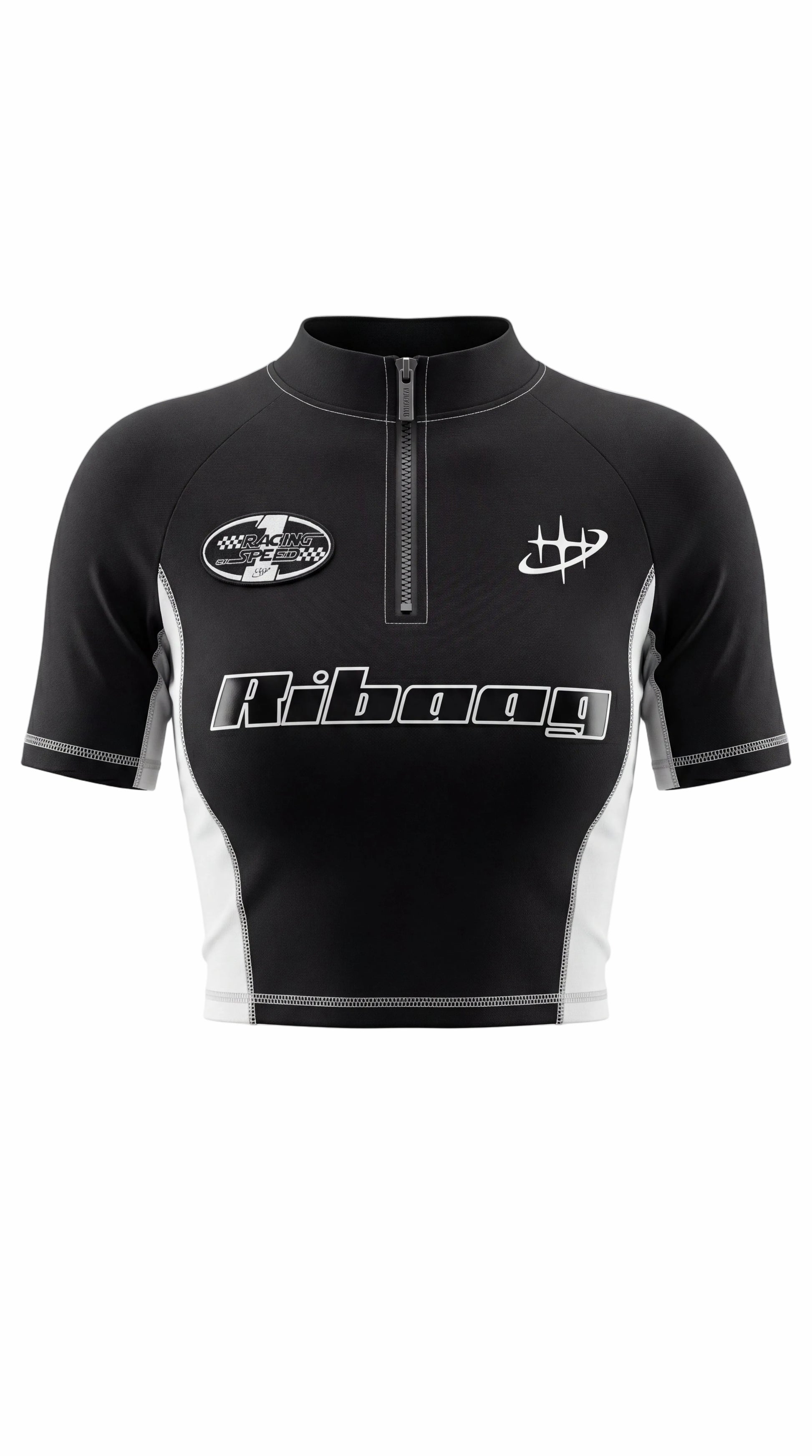 Black racing-style zip crop top with piping for women by Ribaag