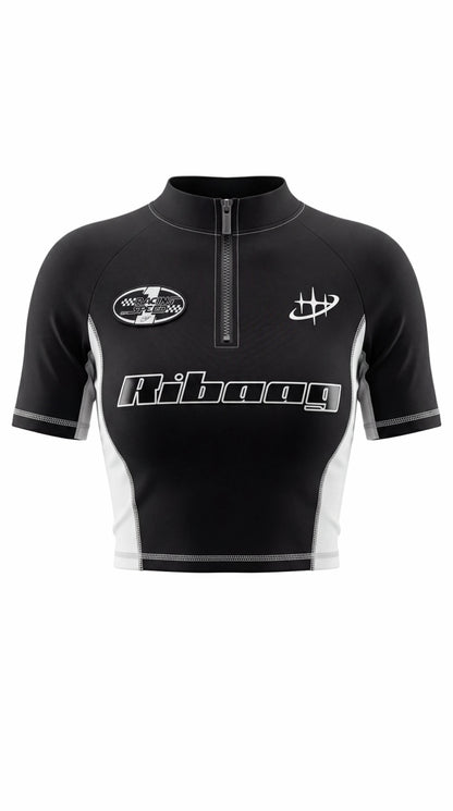 Black racing-style zip crop top with piping for women by Ribaag