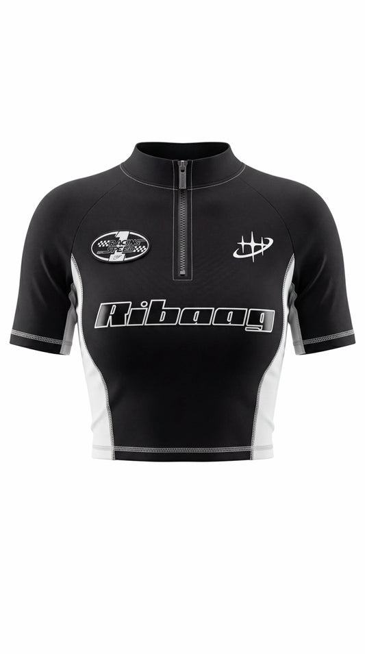 Black racing-style zip crop top with piping for women by Ribaag