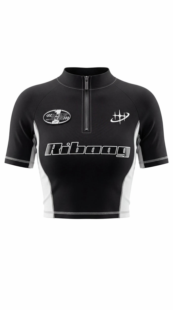 Black racing-style zip crop top with piping for women by Ribaag