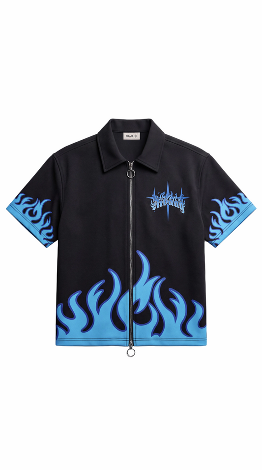 Black streetwear zip jacket with electric blue flame graphics by Ribaag