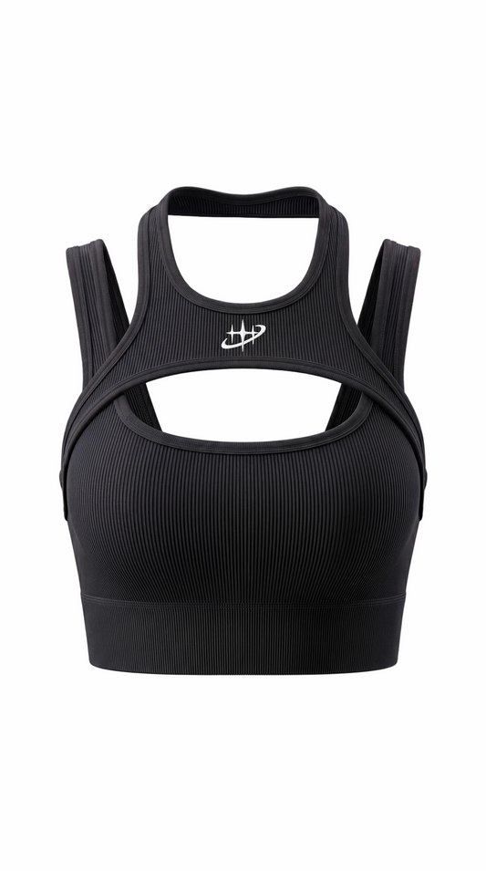 Black ribbed cutout sports bra with Ribaag logo for women