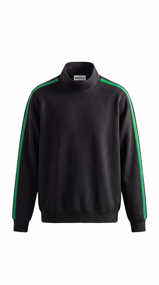Premium black knit turtleneck with green stripe trim for men by Ribaag