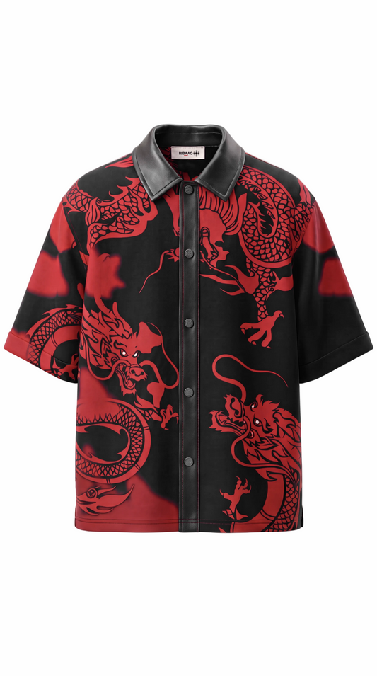 Black premium streetwear shirt with red dragon print and leather collar detail by Ribaag