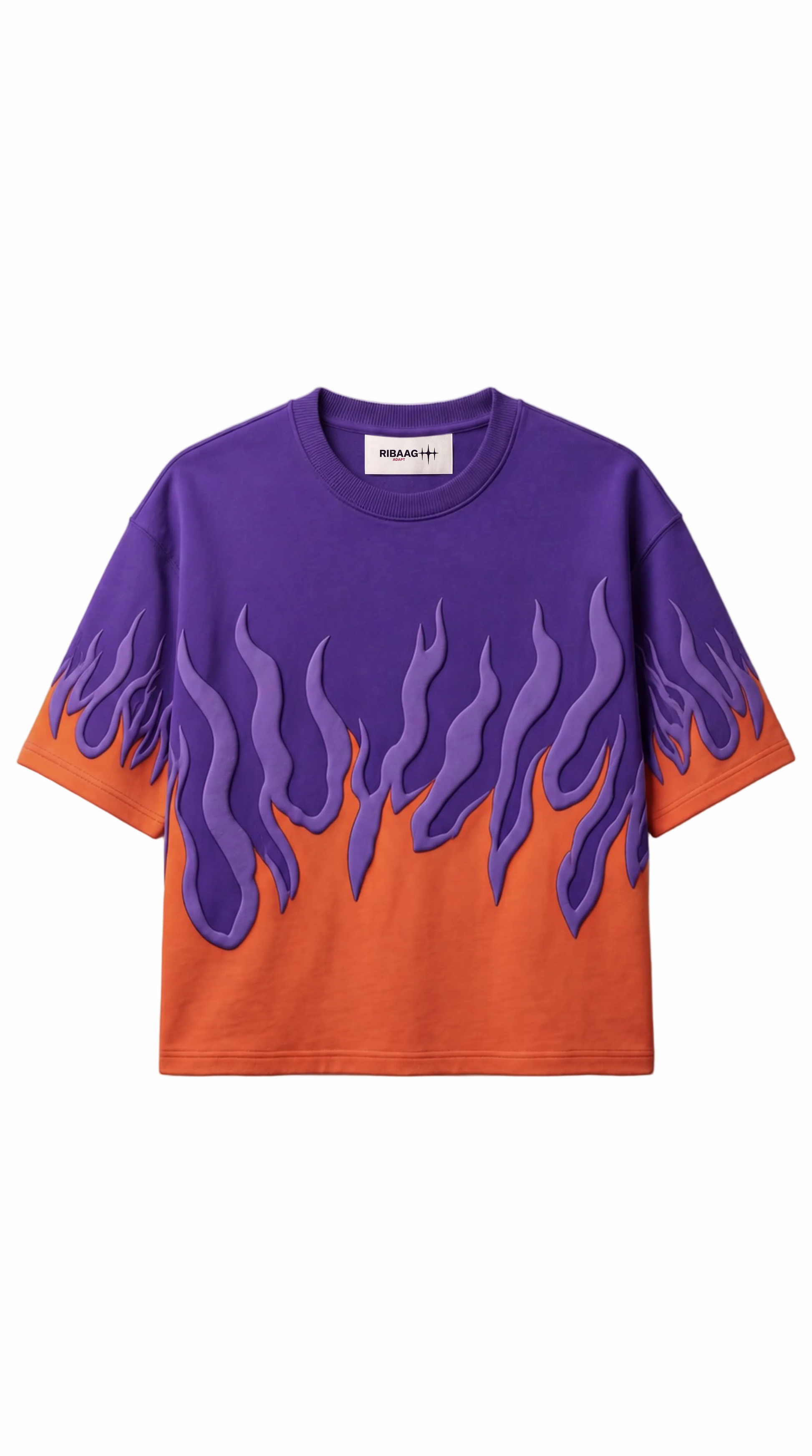 Purple and orange colorblock crewneck sweatshirt with flame panel by Ribaag