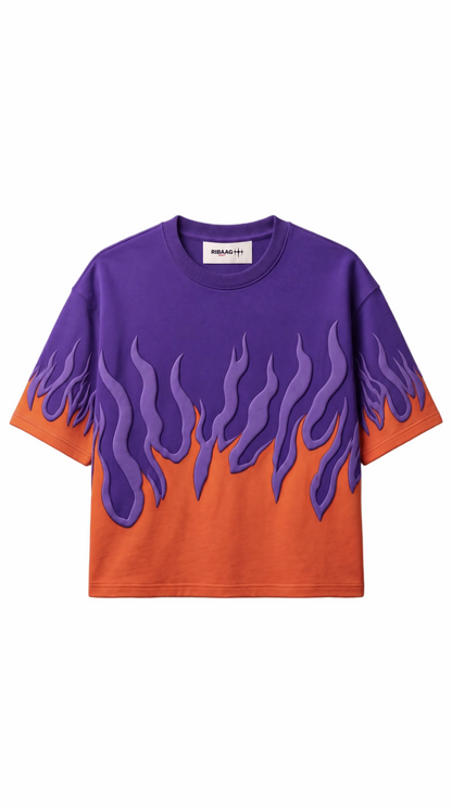 Purple and orange colorblock crewneck sweatshirt with flame panel by Ribaag