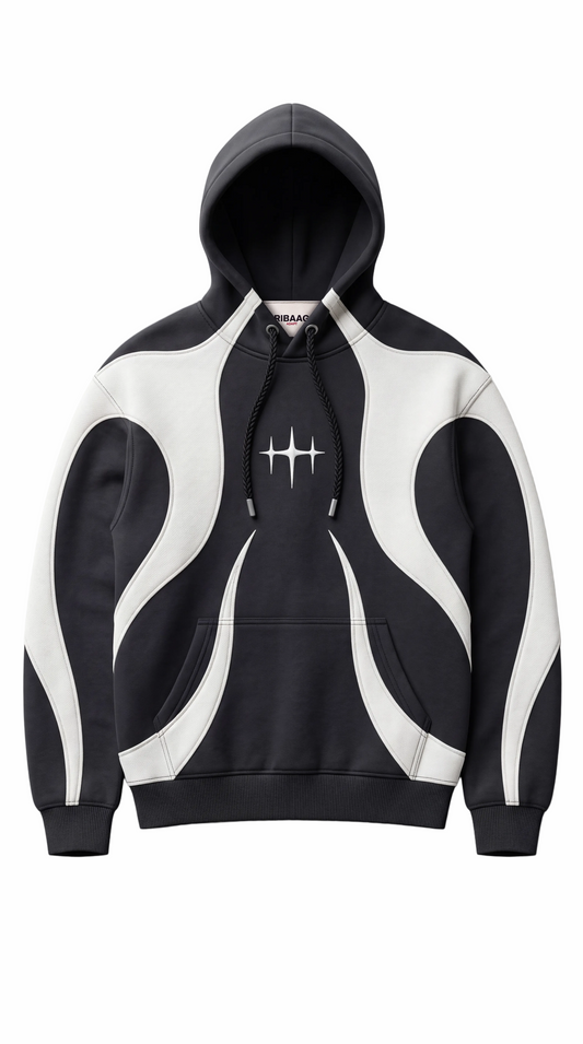 Black and white colorblock half-zip track jacket with racing stripe by Ribaag