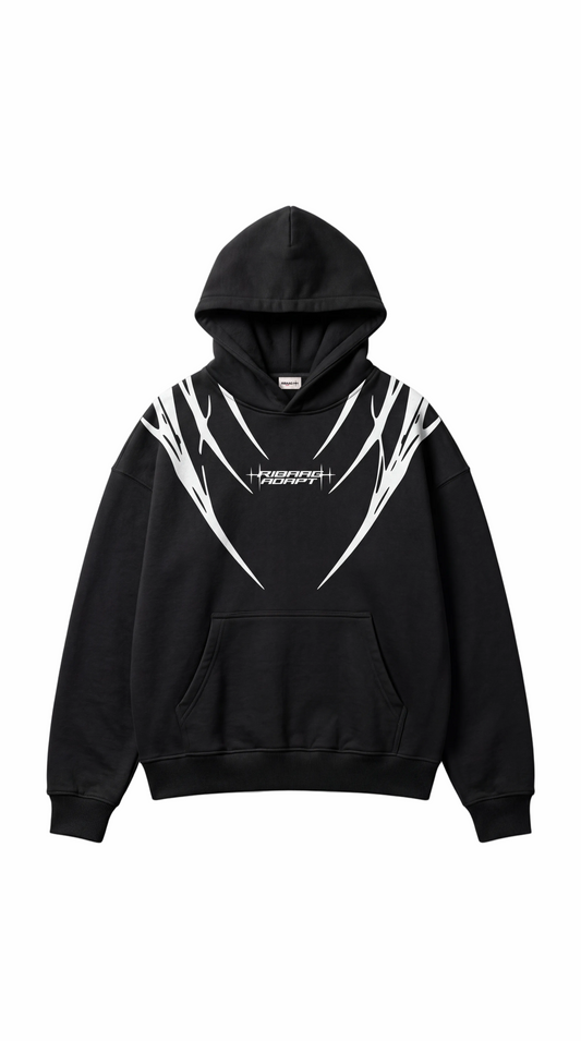 Black oversized streetwear hoodie with white lightning graphic by Ribaag