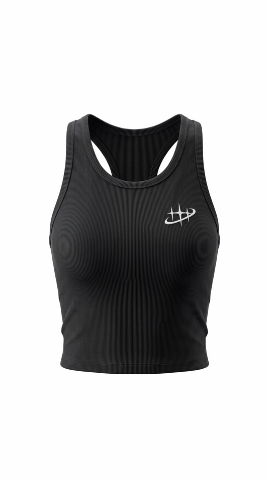 Black high-support sports bra with Ribaag logo for women