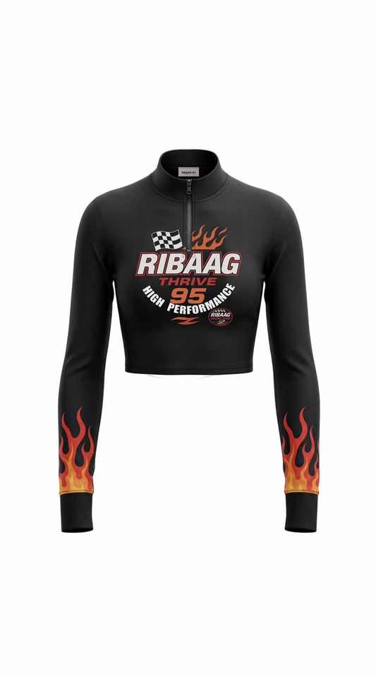 Black cropped zip jacket with flame print on cuffs by Ribaag
