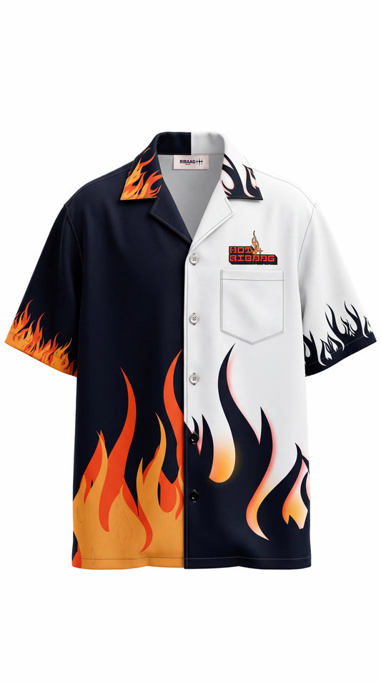 Black and white split camp collar shirt with flame hem print by Ribaag