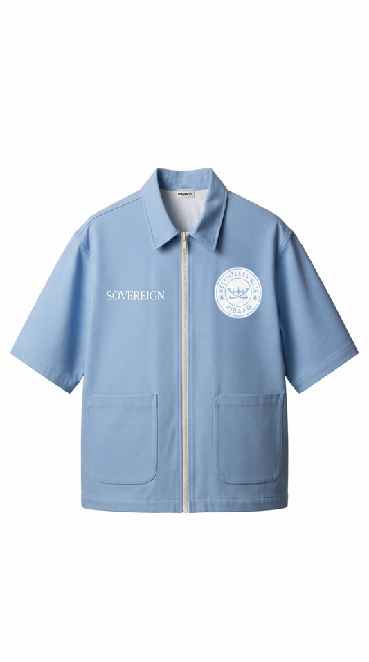 Light blue premium zip overshirt with Sovereign crest for men by Ribaag