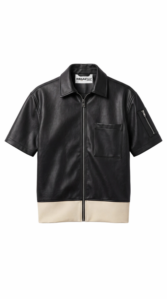 Premium black lambskin leather shirt with matte zipper for men by Ribaag