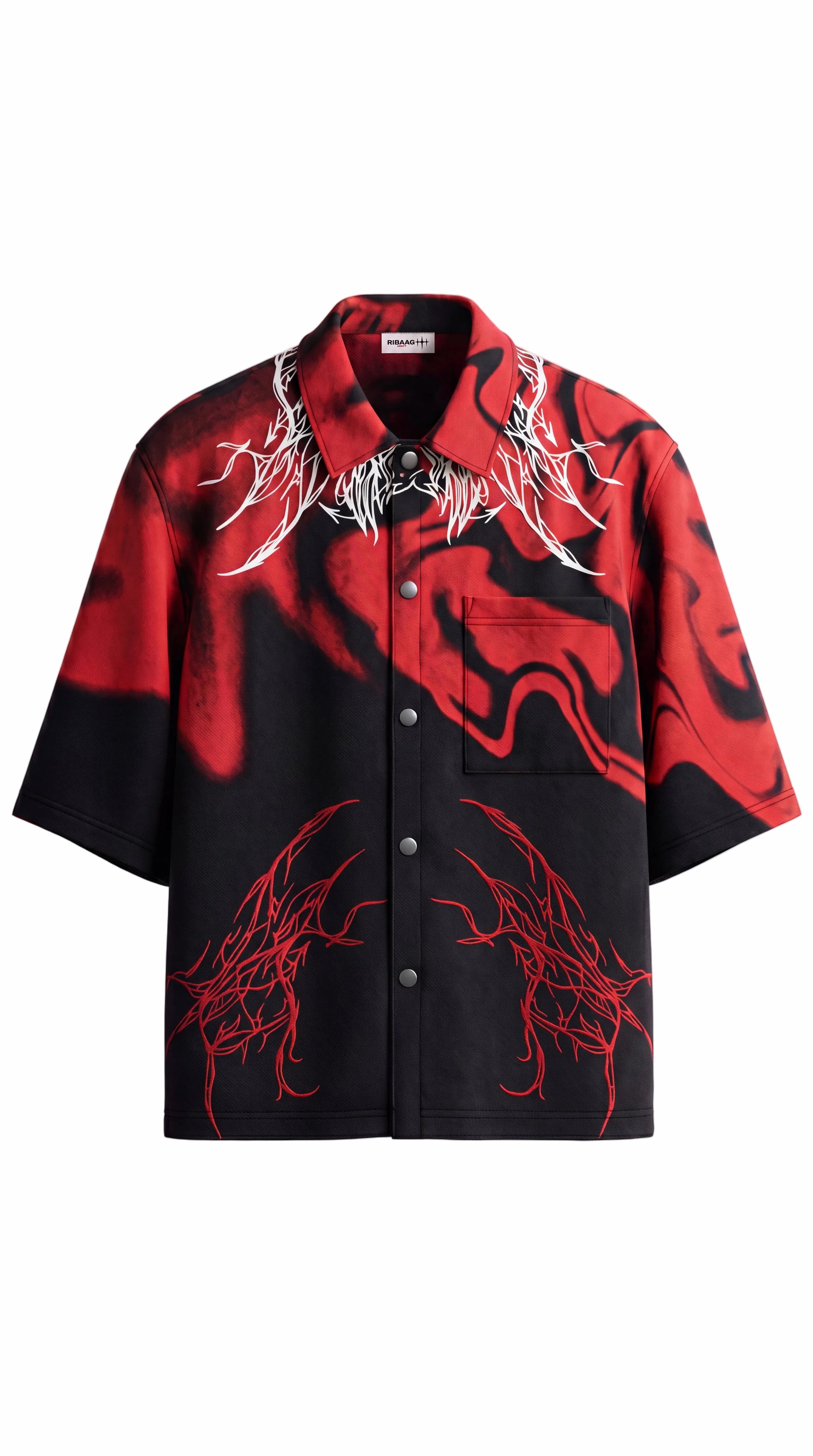 Oversized red and black marble print streetwear shirt with snap buttons by Ribaag