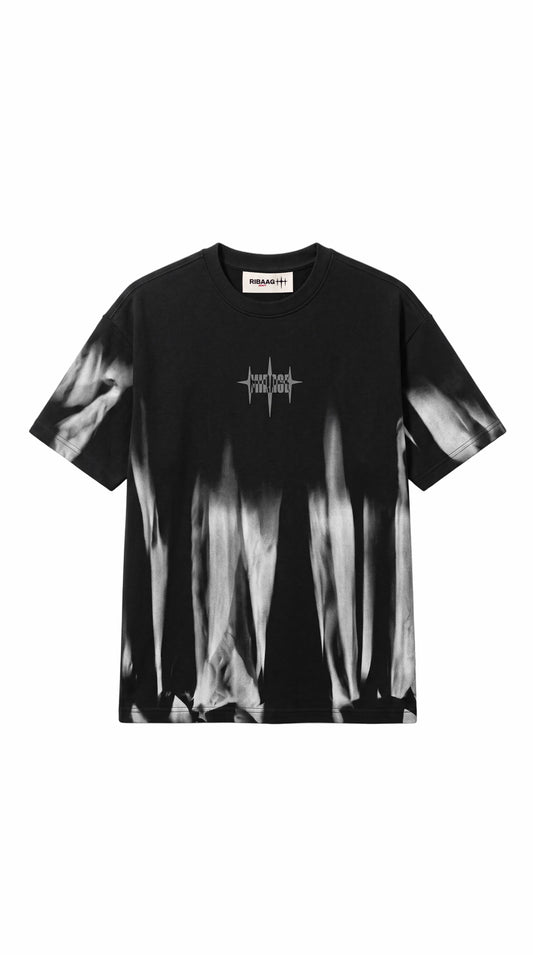 Black and white tie-dye oversized streetwear tee with spike-star logo by Ribaag