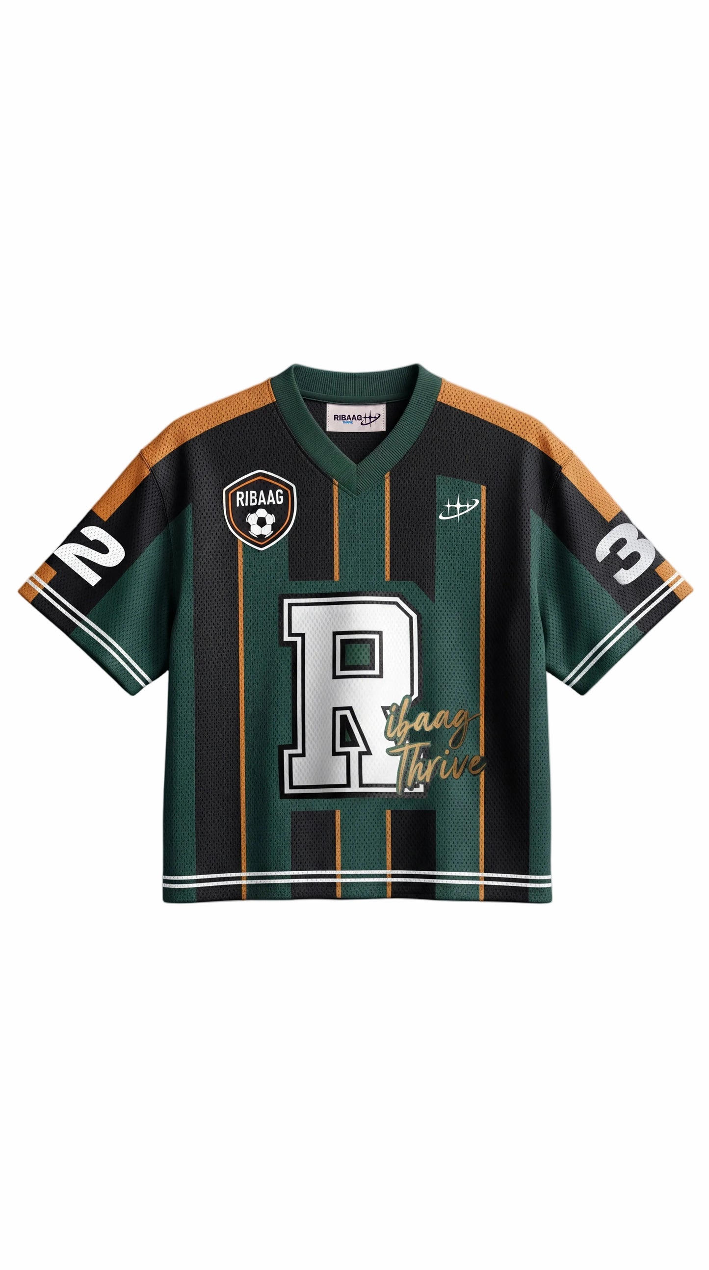Green, black, and orange striped rugby racing jersey for men by Ribaag