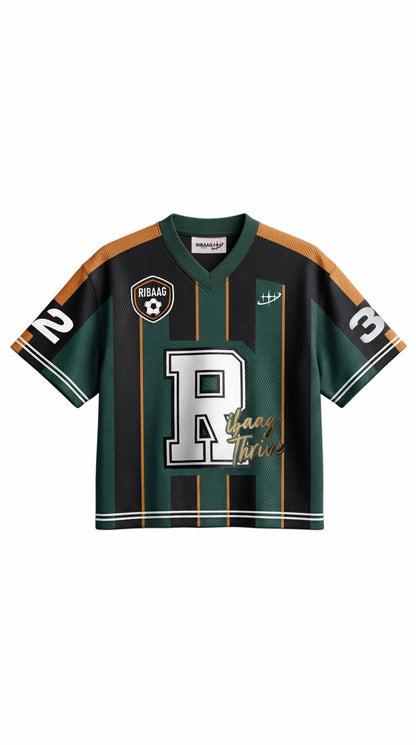 Green, black, and orange striped rugby racing jersey for men by Ribaag