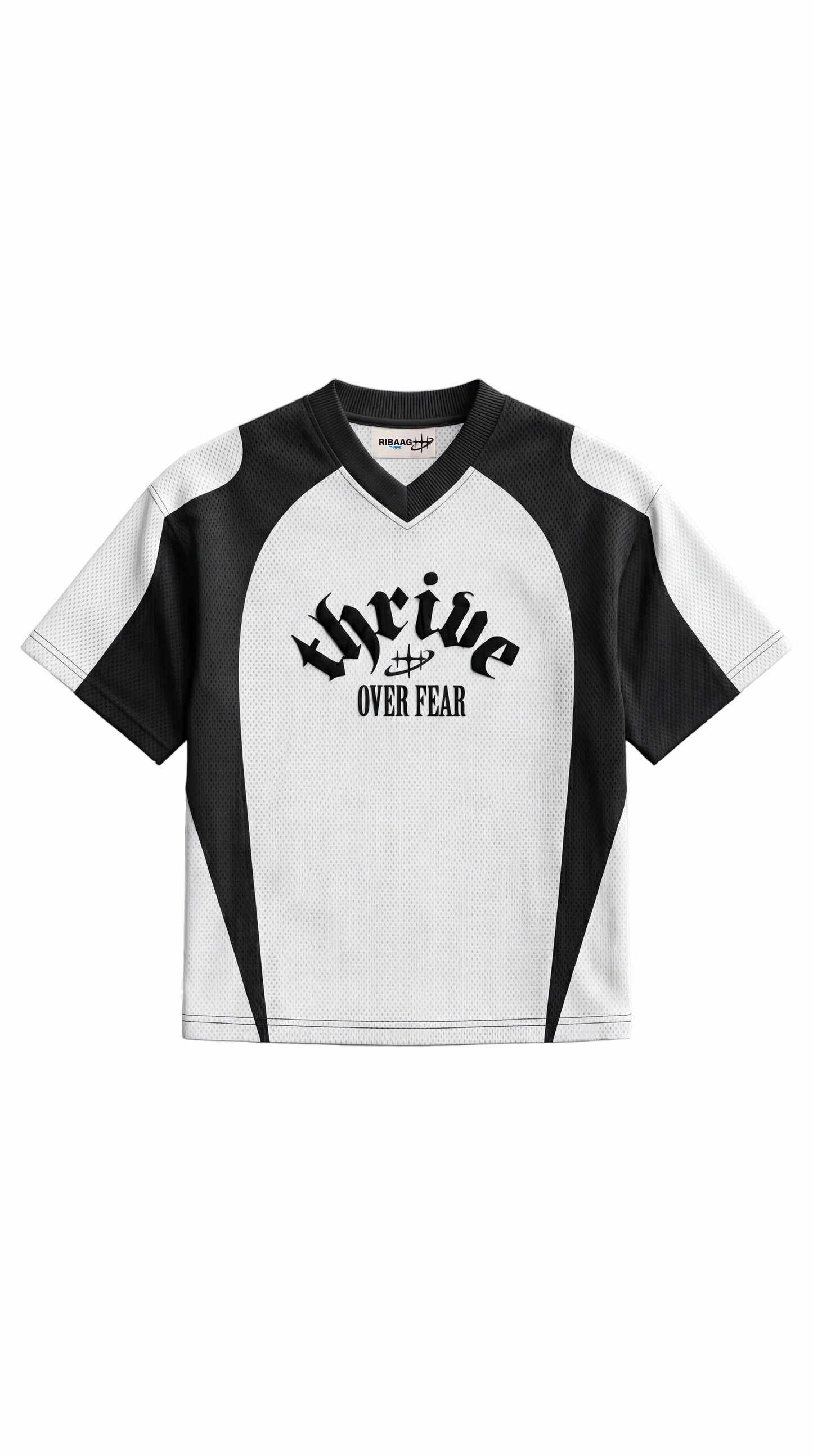 White and black colorblock mesh sports jersey for men by Ribaag