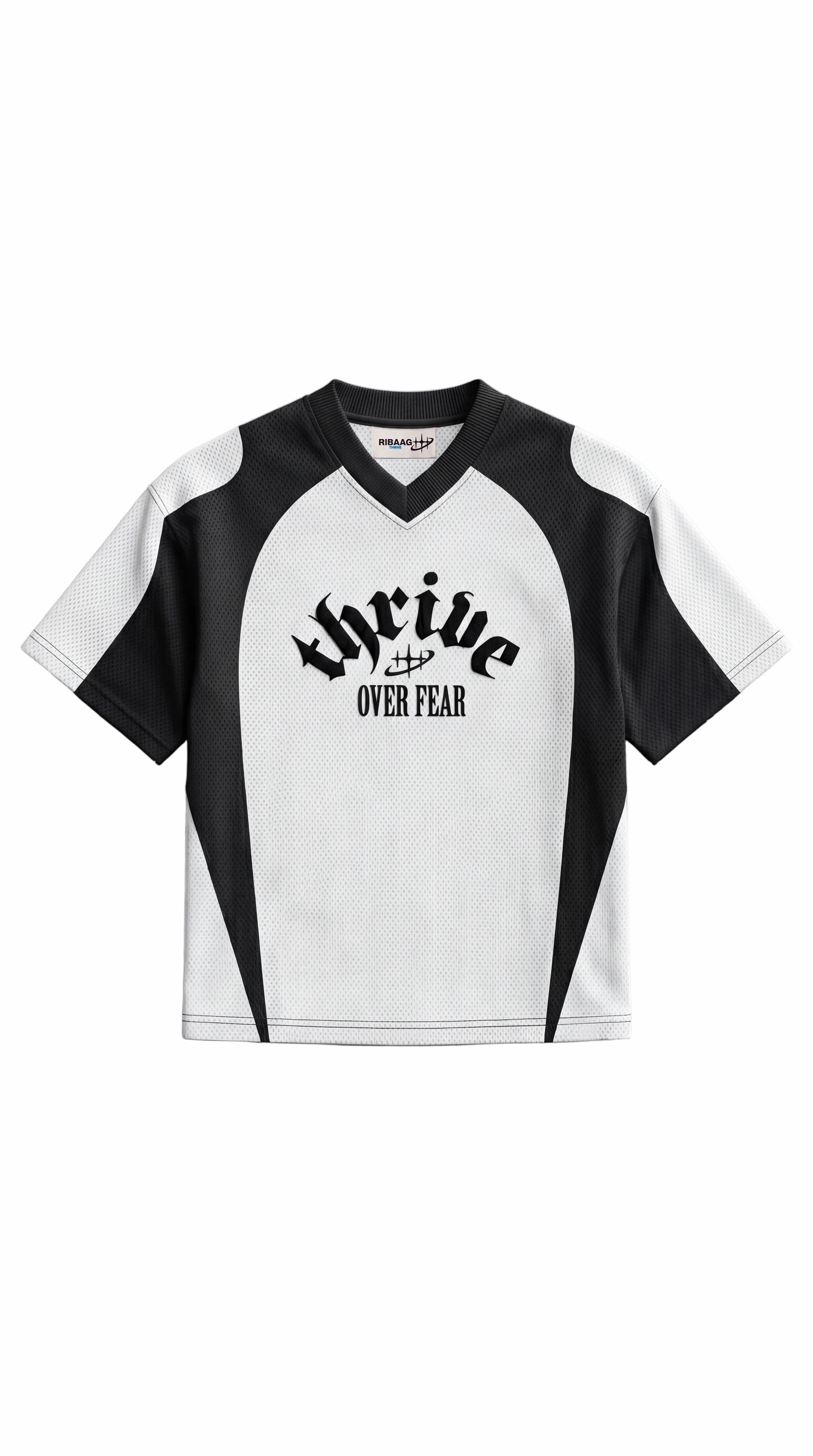 White and black colorblock mesh sports jersey for men by Ribaag