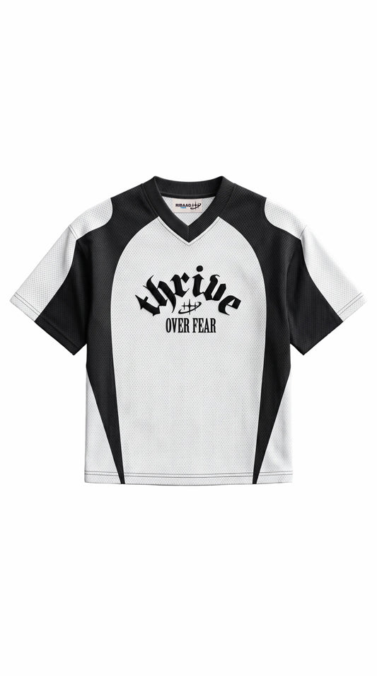 White and black colorblock mesh sports jersey for men by Ribaag