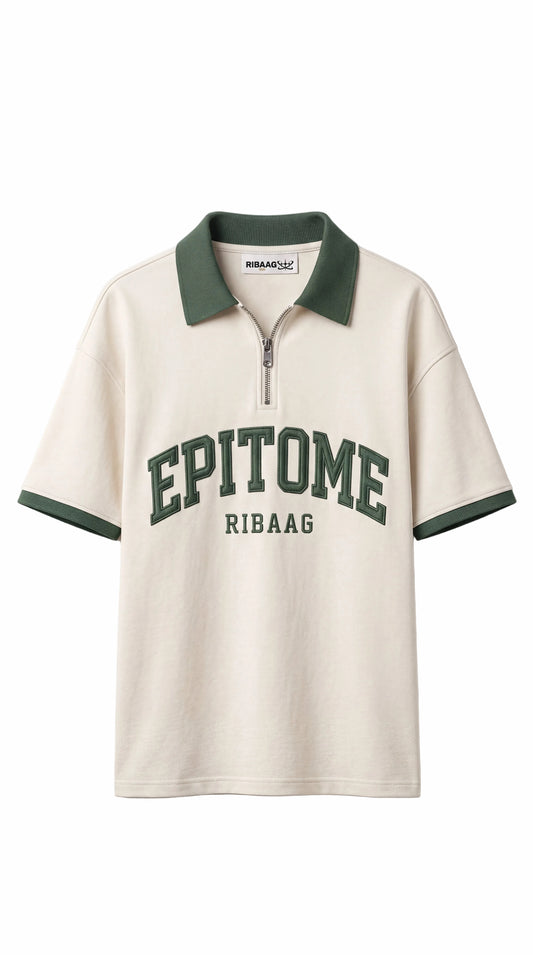 Premium cream and green collegiate zip polo shirt for men by Ribaag
